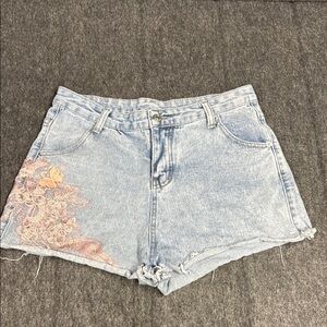 Blue and Pink Jean Shorts with Distressed Look